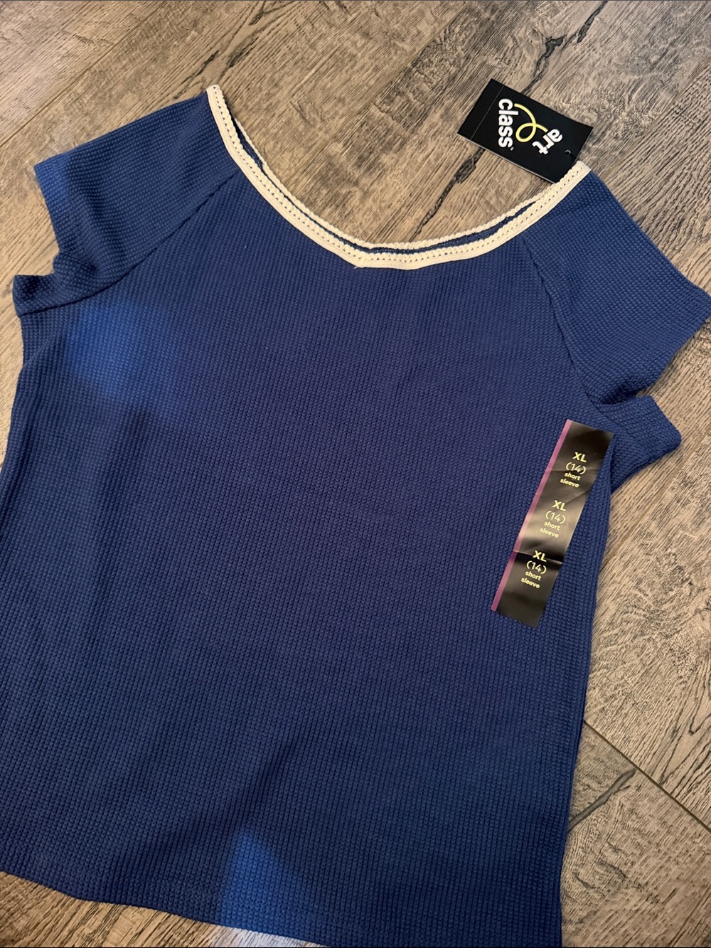 art class Navy Blue Ribbed Short Sleeve Top with Cream Trim